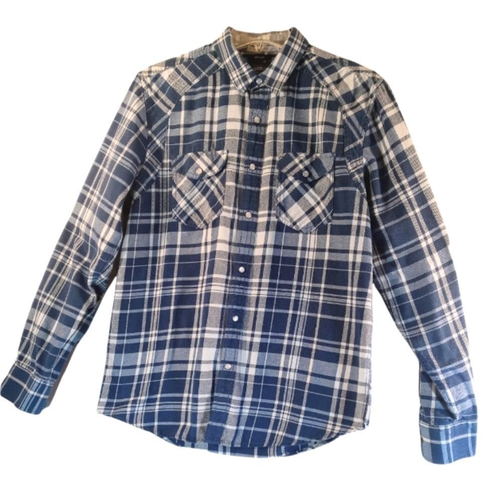 American Rag Cotton Blend Blue Plaid Snap up Long Sleeve Shirt M